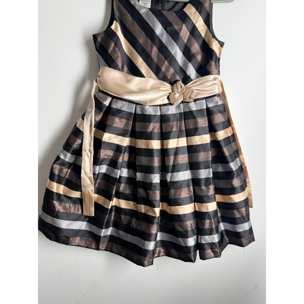 Bonnie Jean Girls 14 Metallic Striped Party Dress Black Gold Silver Rosette Sash